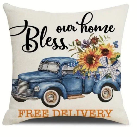 NEW FARMHOUSE FLORAL SUNFLOWER "BLESS OUR HOME" LINEN FLORAL PILLOW COVER 17.7" - Picture 1 of 3